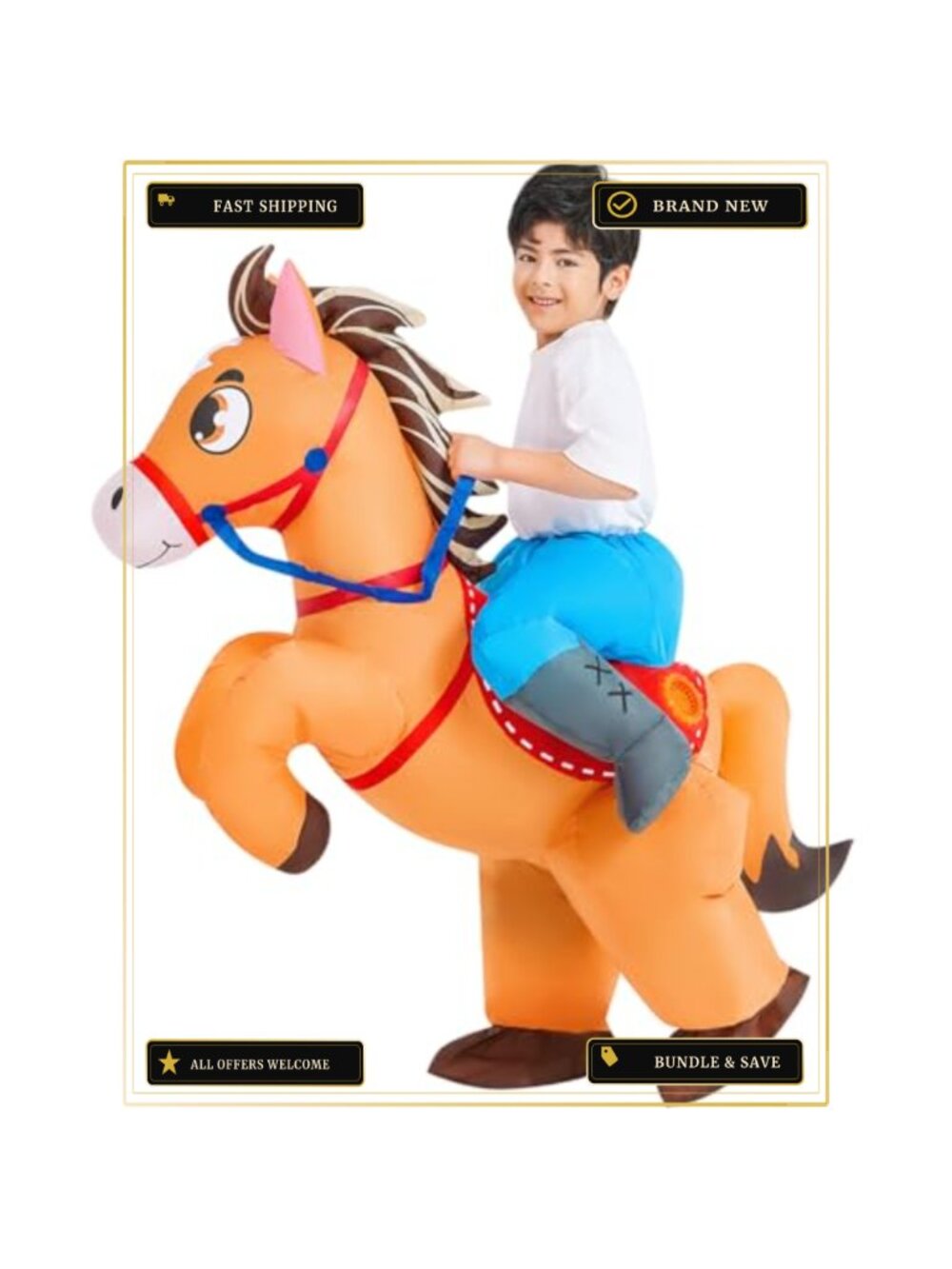 Inflatable Horse Costume Kids Blow Up Cowboy Ride On Suit Halloween Cosplay